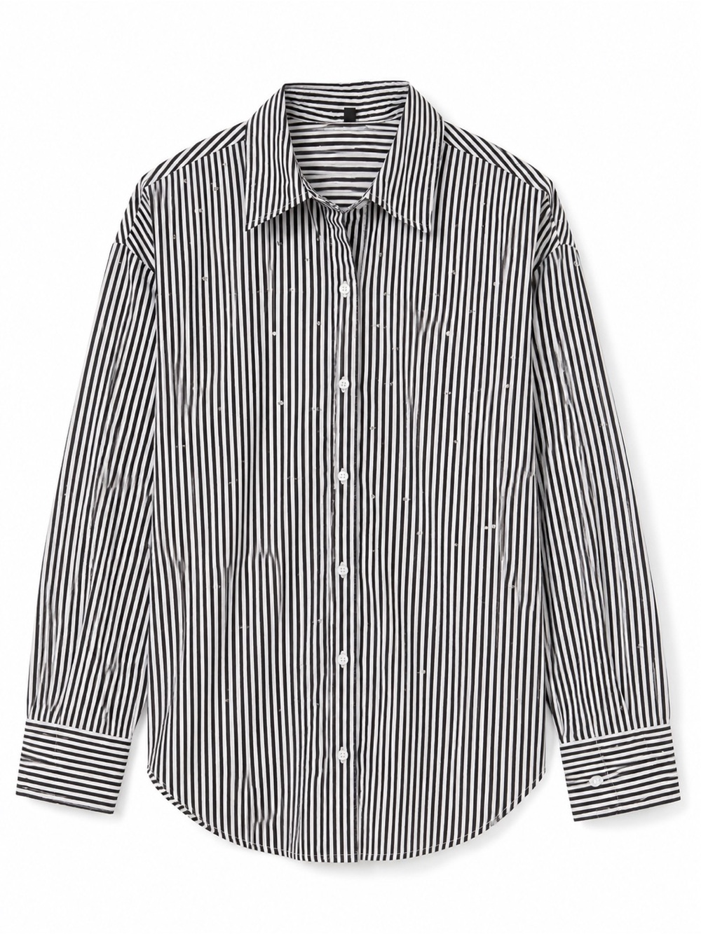 Express Women’s Embellished Boyfriend Navy and White Stripe Button-Down Small